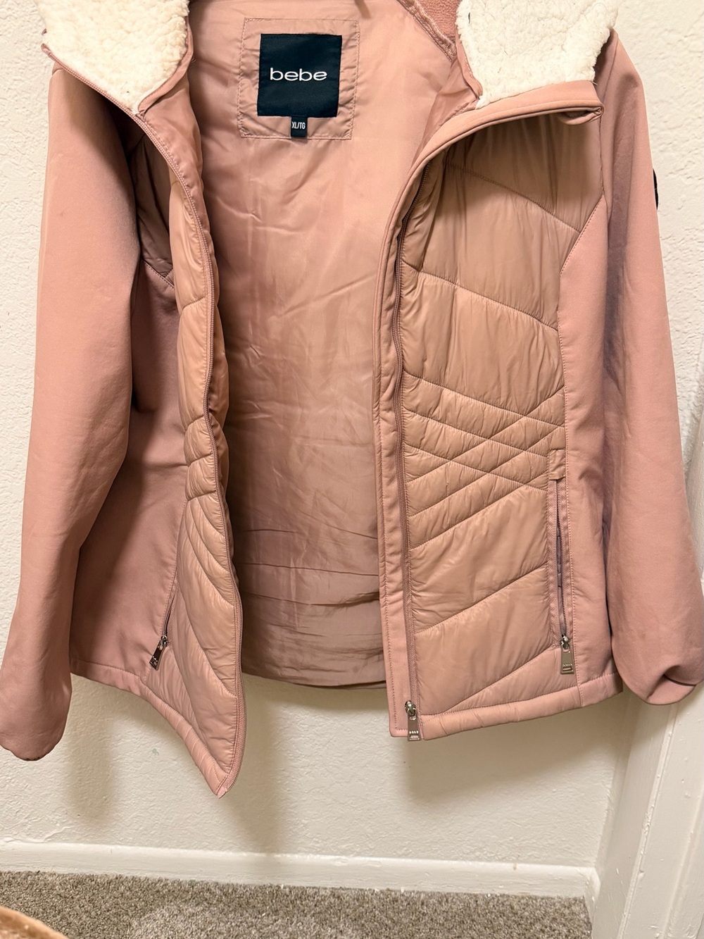 bebe Dusty Pink Quilted Sherpa-Trim Puffer Jacket